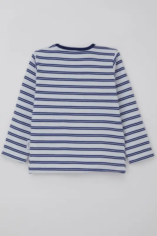 Erkek Bebek Uzun Kollu Tişört Patlı Çizgili 9 Ay-3 Yaş, Beyaz-Beyaz - 2