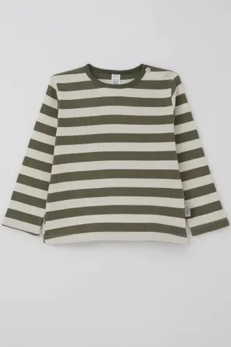 Erkek Bebek Uzun Kollu Tişört Patlı Çizgili 9 Ay-3 Yaş, Haki Yeşil-Haki Yeşil 