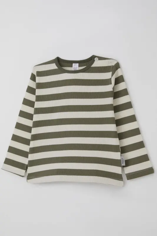 Erkek Bebek Uzun Kollu Tişört Patlı Çizgili 9 Ay-3 Yaş, Haki Yeşil-Haki Yeşil - 3
