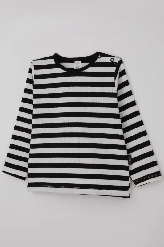 Erkek Bebek Uzun Kollu Tişört Patlı Çizgili 9 Ay-3 Yaş, Siyah-Siyah - 3