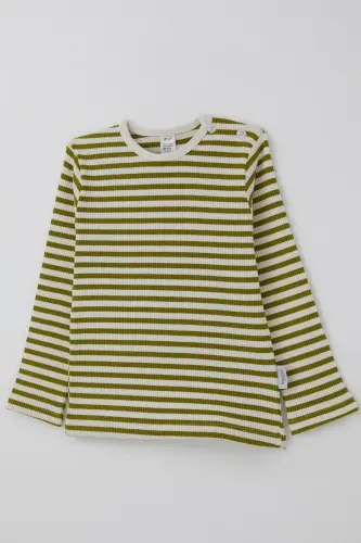 Erkek Bebek Uzun Kollu Tişört Patlı Çizgili 9 Ay-3 Yaş, Yeşil-Yeşil - 5