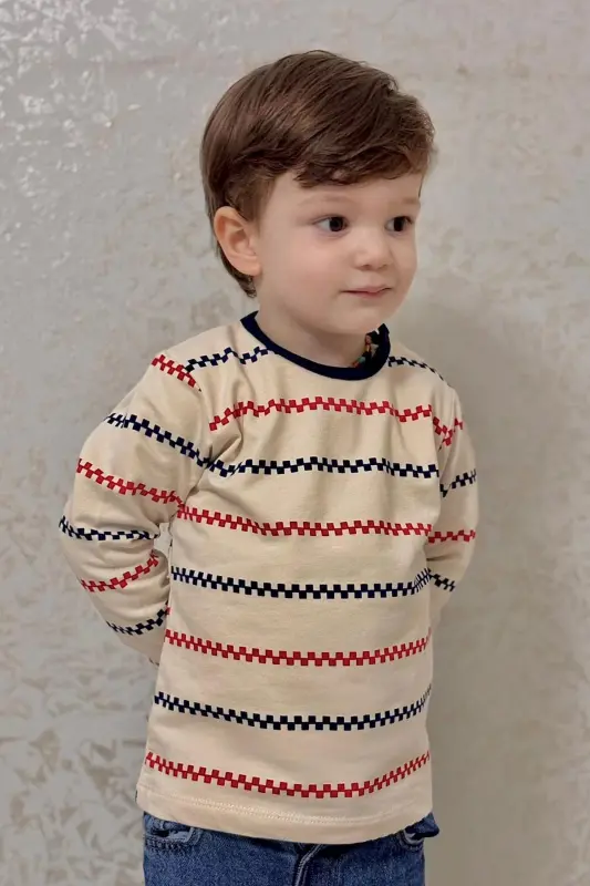 Erkek Bebek Uzun Kollu Tişört Patlı Minimal Marin Çizgili 9 Ay-3 Yaş, Krem-Krem - 1