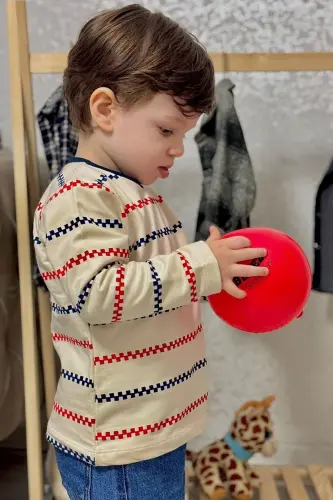 Erkek Bebek Uzun Kollu Tişört Patlı Minimal Marin Çizgili 9 Ay-3 Yaş, Krem-Krem - 2