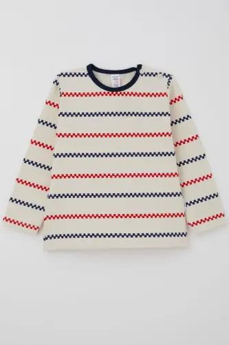 Erkek Bebek Uzun Kollu Tişört Patlı Minimal Marin Çizgili 9 Ay-3 Yaş, Krem-Krem - 4