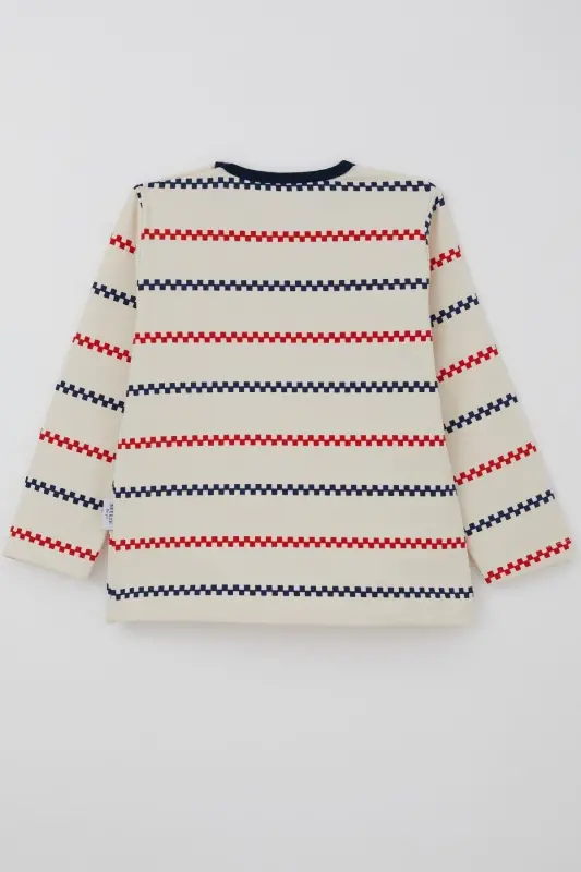 Erkek Bebek Uzun Kollu Tişört Patlı Minimal Marin Çizgili 9 Ay-3 Yaş, Krem-Krem - 5