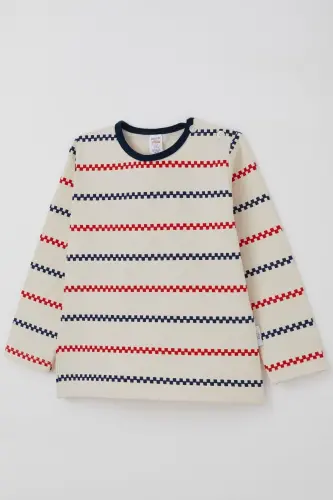 Erkek Bebek Uzun Kollu Tişört Patlı Minimal Marin Çizgili 9 Ay-3 Yaş, Krem-Krem - 6