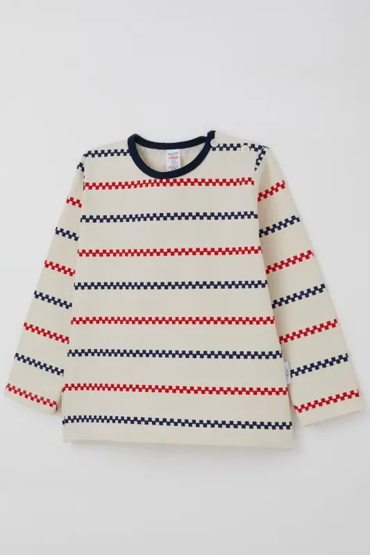 Erkek Bebek Uzun Kollu Tişört Patlı Minimal Marin Çizgili 9 Ay-3 Yaş, Krem-Krem - 6