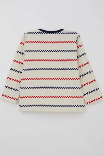 Erkek Bebek Uzun Kollu Tişört Patlı Minimal Marin Çizgili 9 Ay-3 Yaş, Krem-Krem - 5