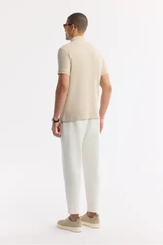 Erkek Bej Kıvrılmaz Polo Yaka %100 Pamuk Basic Regular Fit T-Shirt B001032-Bej - 4