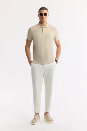 Erkek Bej Kıvrılmaz Polo Yaka %100 Pamuk Basic Regular Fit T-Shirt B001032-Bej - 7