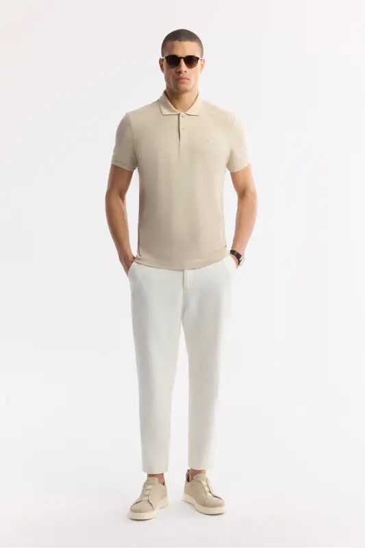 Erkek Bej Kıvrılmaz Polo Yaka %100 Pamuk Basic Regular Fit T-Shirt B001032-Bej - 7
