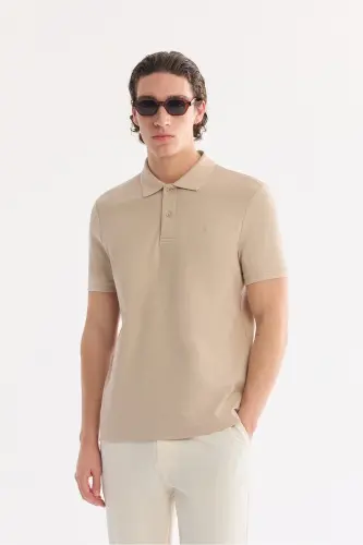Erkek Bej Kıvrılmaz Polo Yaka %100 Pamuk Basic Regular Fit T-Shirt B001032 - Bej 