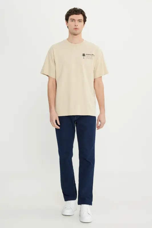 Erkek Bej %100 Pamuk Oversize Fit Rahat Kesim Bisiklet Yaka Baskılı Tişört - Bej - 2
