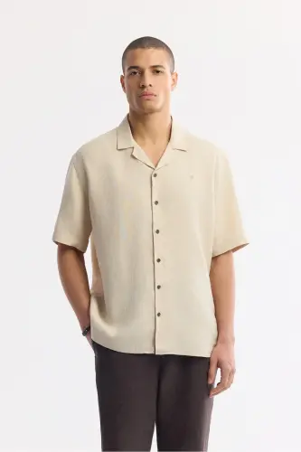 Erkek Bej Apaj Yaka %100 Keten Kısa Kol Oversize Fit Gömlek A51Y2209 - Bej - 1