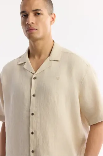 Erkek Bej Apaj Yaka %100 Keten Kısa Kol Oversize Fit Gömlek A51Y2209 - Bej - AVVA (1)
