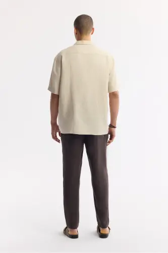 Erkek Bej Apaj Yaka %100 Keten Kısa Kol Oversize Fit Gömlek A51Y2209 - Bej - 4