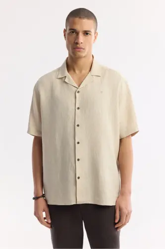 Erkek Bej Apaj Yaka %100 Keten Kısa Kol Oversize Fit Gömlek A51Y2209 - Bej - 5