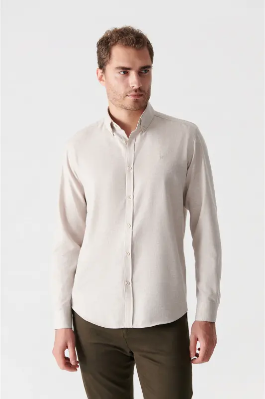 Erkek Bej Basic Düğmeli Yaka Pamuklu Gömlek E002003-Bej - AVVA