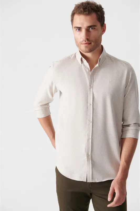 Erkek Bej Basic Düğmeli Yaka Pamuklu Gömlek E002003-Bej - 3