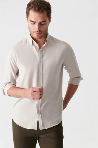 Erkek Bej Basic Düğmeli Yaka Pamuklu Gömlek E002003-Bej - 4