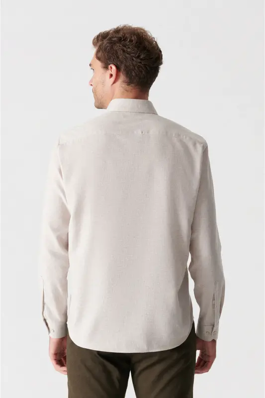 Erkek Bej Basic Düğmeli Yaka Pamuklu Gömlek E002003-Bej - 5