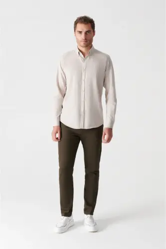 Erkek Bej Basic Düğmeli Yaka Pamuklu Gömlek E002003-Bej - 6