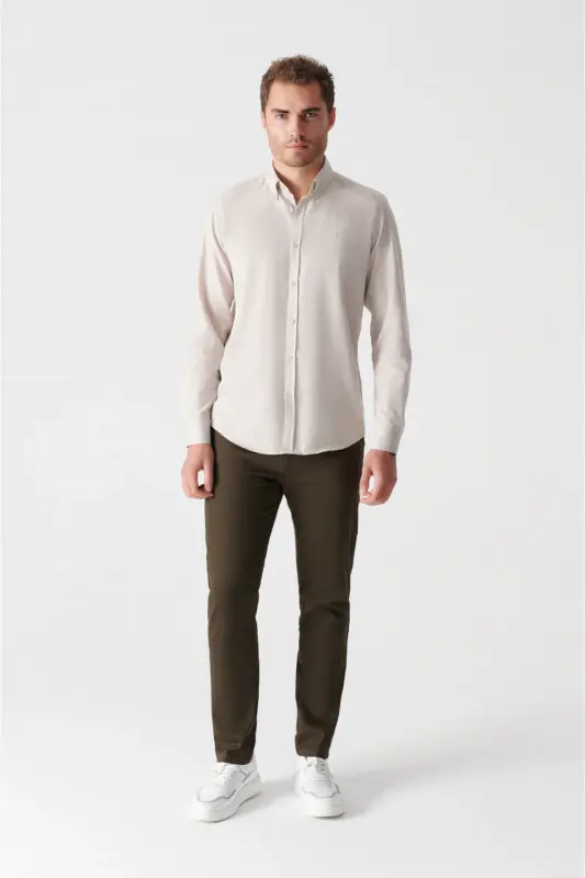 Erkek Bej Basic Düğmeli Yaka Pamuklu Gömlek E002003-Bej - 6