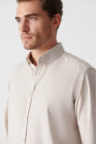 Erkek Bej Basic Düğmeli Yaka Pamuklu Gömlek E002003-Bej - 2