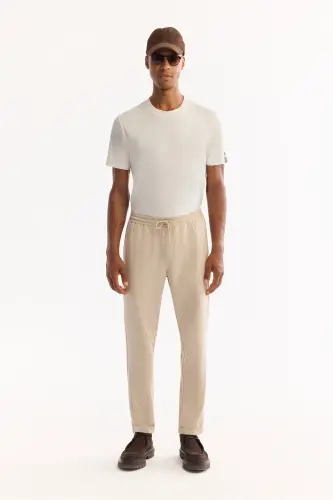 Erkek Bej Beli Lastikli Bağcıklı Duble Paça Jogger Relaxed Fit Pantolon E003000 - Bej 
