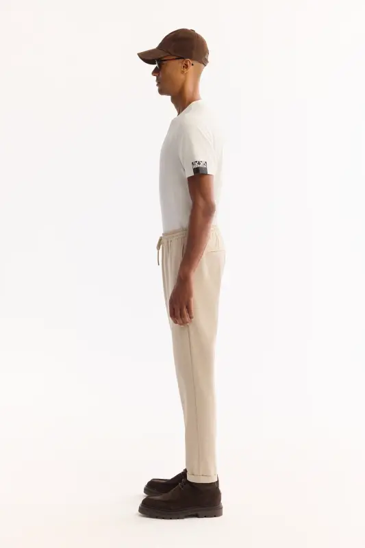 Erkek Bej Beli Lastikli Bağcıklı Duble Paça Jogger Relaxed Fit Pantolon E003000 - Bej - 2