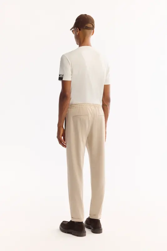 Erkek Bej Beli Lastikli Bağcıklı Duble Paça Jogger Relaxed Fit Pantolon E003000 - Bej - 3
