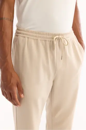 Erkek Bej Beli Lastikli Bağcıklı Duble Paça Jogger Relaxed Fit Pantolon E003000 - Bej - 4