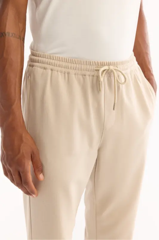 Erkek Bej Beli Lastikli Bağcıklı Duble Paça Jogger Relaxed Fit Pantolon E003000 - Bej - 4