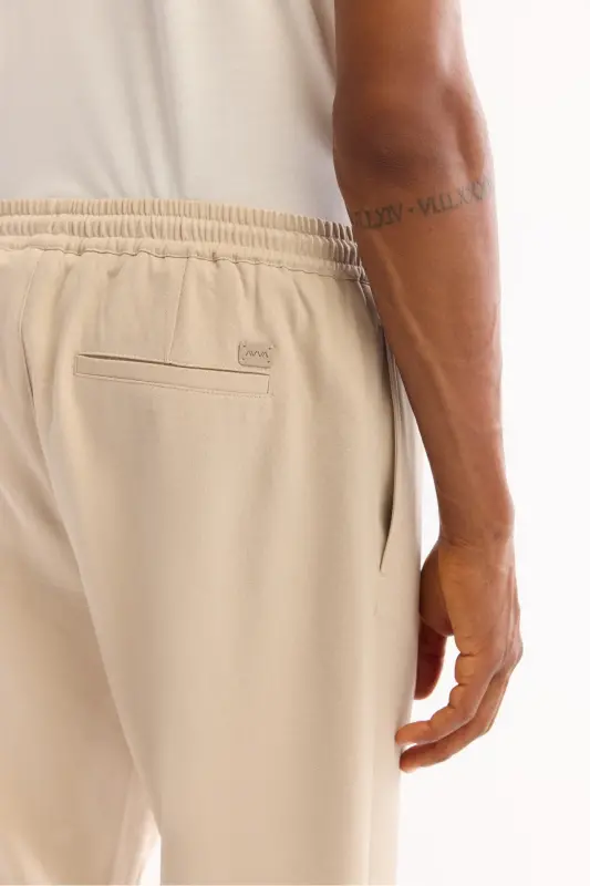 Erkek Bej Beli Lastikli Bağcıklı Duble Paça Jogger Relaxed Fit Pantolon E003000 - Bej - 5