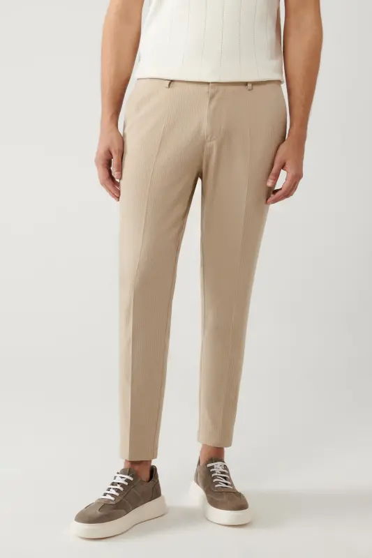 Erkek Bej Beli Lastikli Esnek Kumaşlı Armürlü Slim Fit Pantolon A41Y3200 - Bej - 2