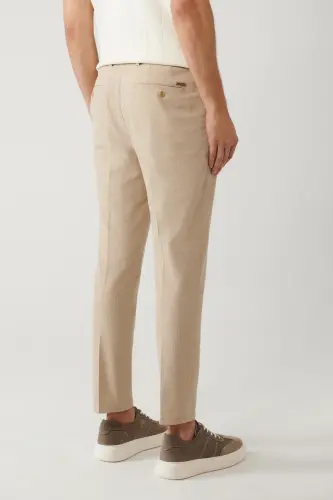 Erkek Bej Beli Lastikli Esnek Kumaşlı Armürlü Slim Fit Pantolon A41Y3200 - Bej - 5