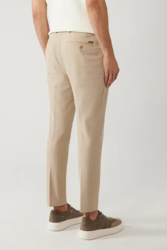 Erkek Bej Beli Lastikli Esnek Kumaşlı Armürlü Slim Fit Pantolon A41Y3200 - Bej - 5