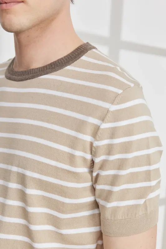 Erkek Bej-beyaz Standart Fit Normal Kesim Bisiklet Yaka %100 Pamuk Çizgili Triko Tişört-Bej - 4