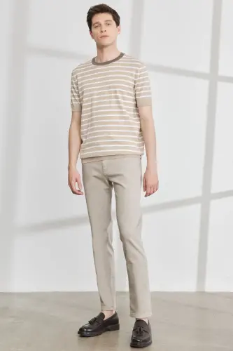 Erkek Bej-beyaz Standart Fit Normal Kesim Bisiklet Yaka %100 Pamuk Çizgili Triko Tişört-Bej - ALTINYILDIZ CLASSICS (1)