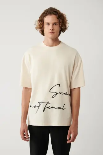 Erkek Bej %100 Pamuk Bisiklet Yaka Baskılı Oversize Fit T-Shirt A41Y1038-Bej - 3