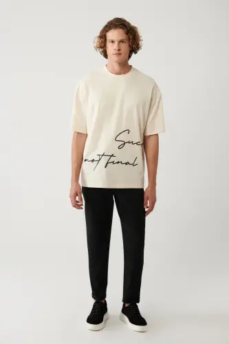 Erkek Bej %100 Pamuk Bisiklet Yaka Baskılı Oversize Fit T-Shirt A41Y1038-Bej - 6