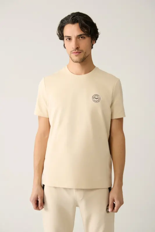 Erkek Bej Bisiklet Yaka Jersey Kumaş Garnili Regular Fit T-Shirt A41Y1114-Bej - 3