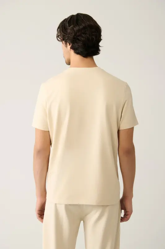 Erkek Bej Bisiklet Yaka Jersey Kumaş Garnili Regular Fit T-Shirt A41Y1114-Bej - 4