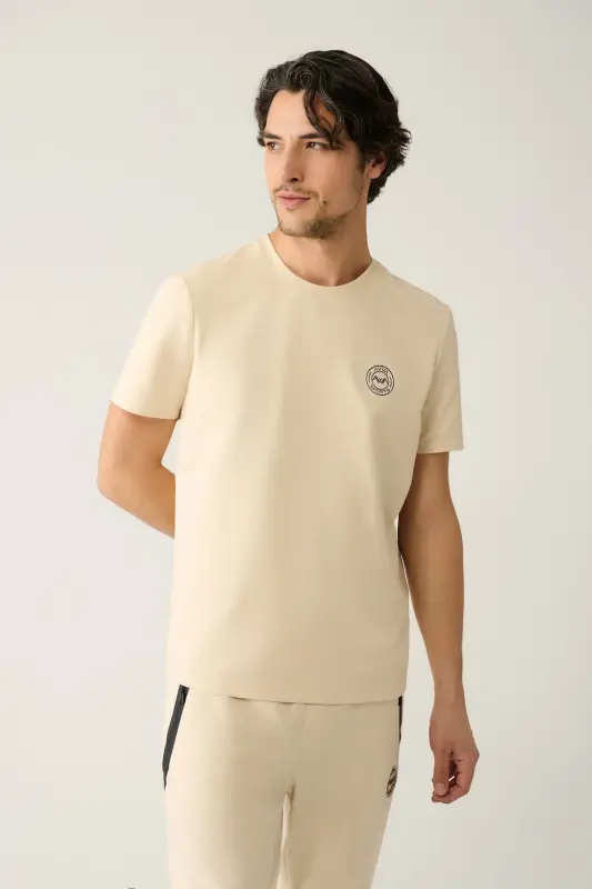 Erkek Bej Bisiklet Yaka Jersey Kumaş Garnili Regular Fit T-Shirt A41Y1114-Bej - 1