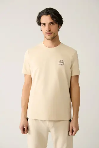 Erkek Bej Bisiklet Yaka Jersey Kumaş Garnili Regular Fit T-Shirt A41Y1114-Bej - 3