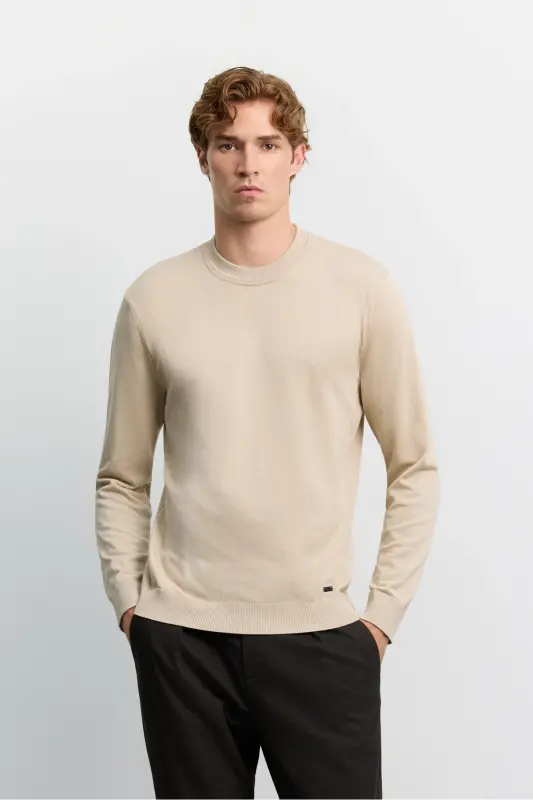 Erkek Bej Bisiklet Yaka Viskon Karışımlı Basic Triko Regular Fit Kazak B005021 - Bej - 1