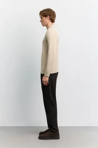 Erkek Bej Bisiklet Yaka Viskon Karışımlı Basic Triko Regular Fit Kazak B005021 - Bej - 3