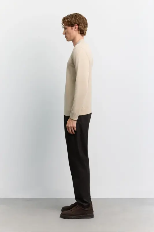Erkek Bej Bisiklet Yaka Viskon Karışımlı Basic Triko Regular Fit Kazak B005021 - Bej - 3