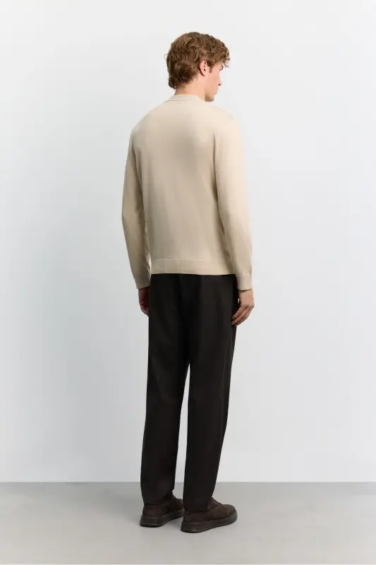 Erkek Bej Bisiklet Yaka Viskon Karışımlı Basic Triko Regular Fit Kazak B005021 - Bej - 4