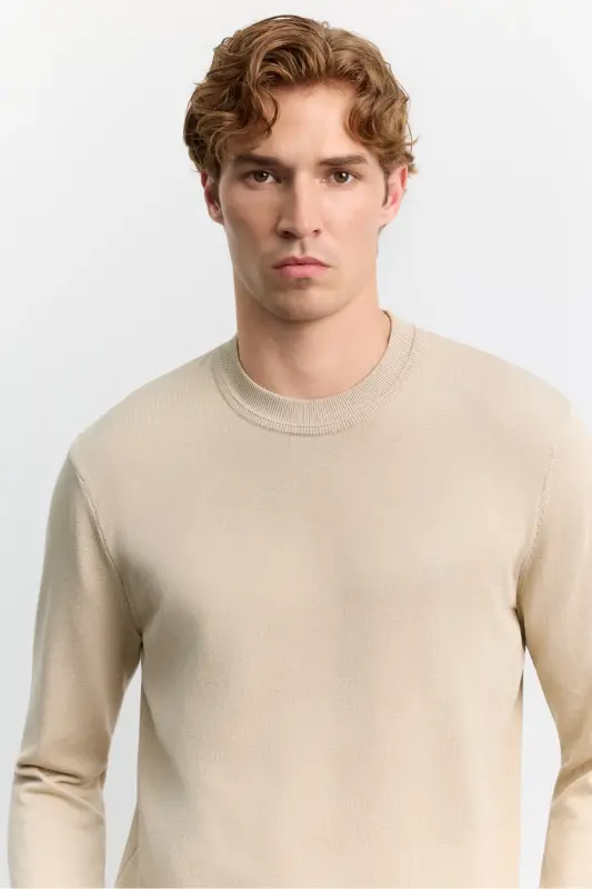Erkek Bej Bisiklet Yaka Viskon Karışımlı Basic Triko Regular Fit Kazak B005021 - Bej - 5